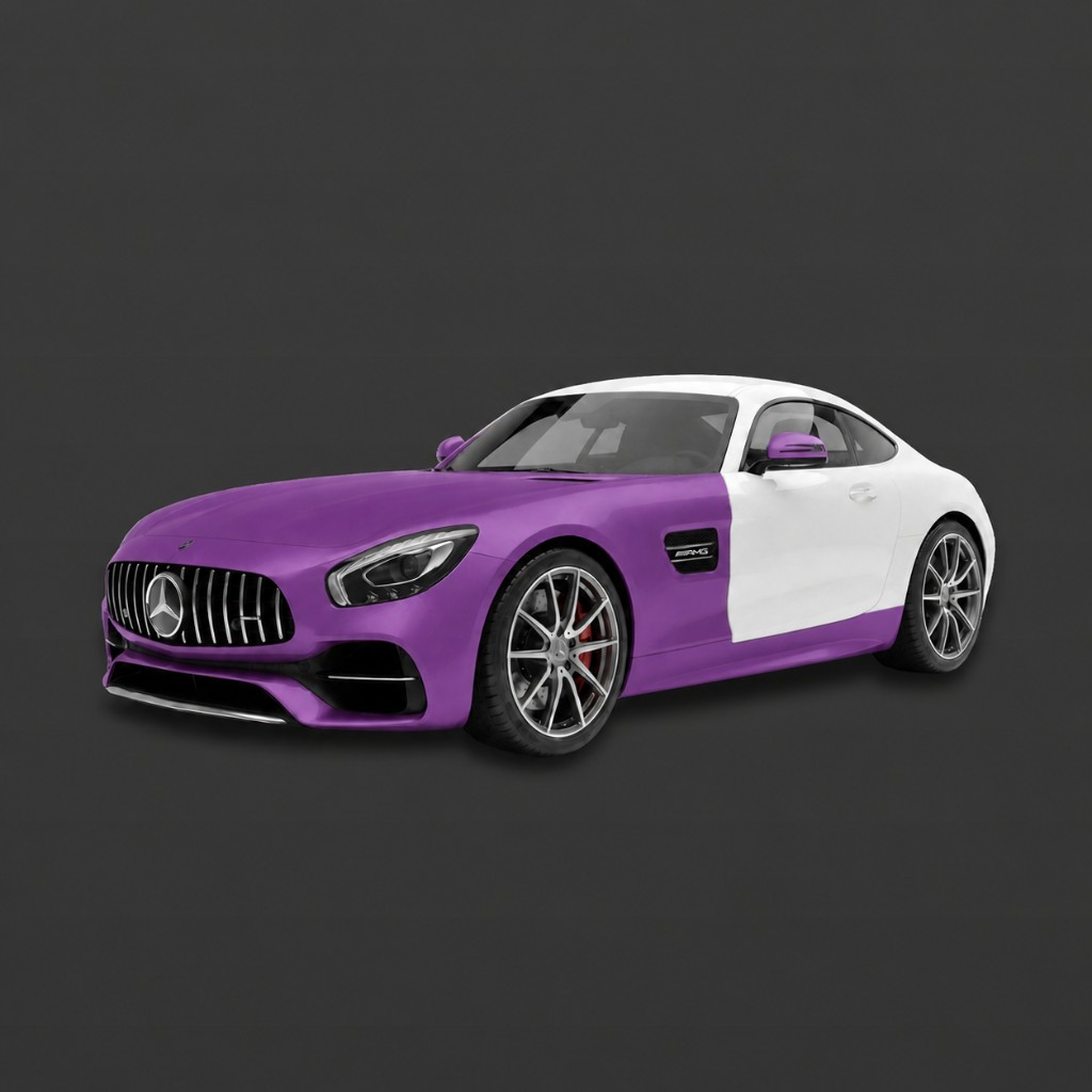 Full Front plus Lower Sides PPF coverage area shown on a Mercedes AMG GT